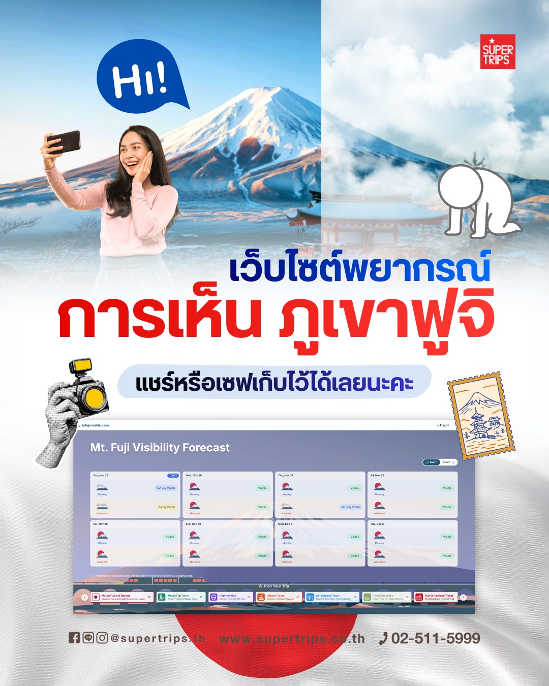 แนะนำเว็บไซต์พยากรณ์การมองเห็นภูเขาไฟฟูจิ ดูล่วงหน้าได้สูงสุด 8 วัน ช่วยวางแผนเที่ยวญี่ปุ่นให้ไม่พลาดการพบ “คุณลุงฟูจิ” แบบชัด ๆ